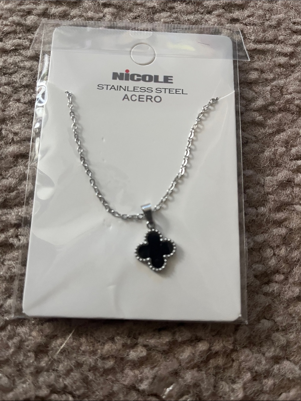 Nicole Silver-Tone Necklace with Black Clover Pendant